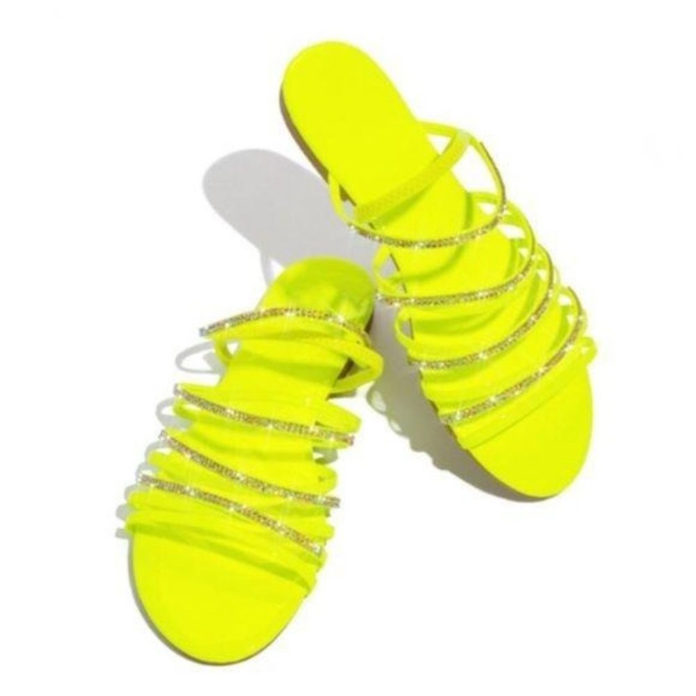 !! NEW !! Embellished Elastic Strappy Slingback Sandals in Neon Yellow - Picture 2 of 6